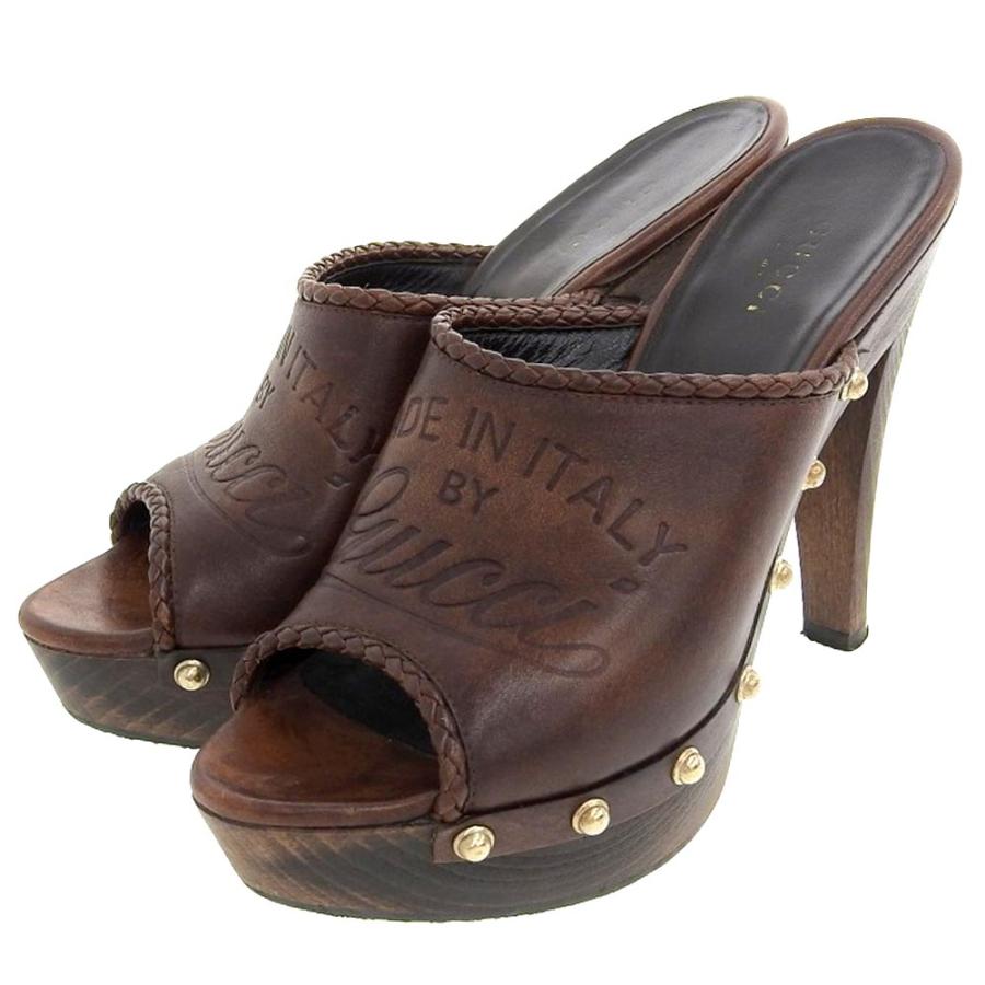 GUCCI グッチ レザー ロゴ型押し オープントゥ ヒール サンダル  