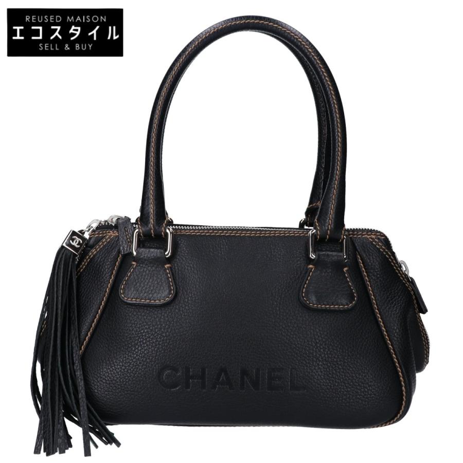CHANEL シャネル フリンジ ロゴ レザー ハンドバッグ ブラック  