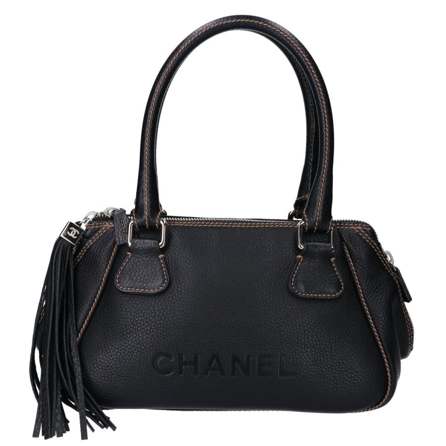 CHANEL シャネル フリンジ ロゴ レザー ハンドバッグ ブラック 