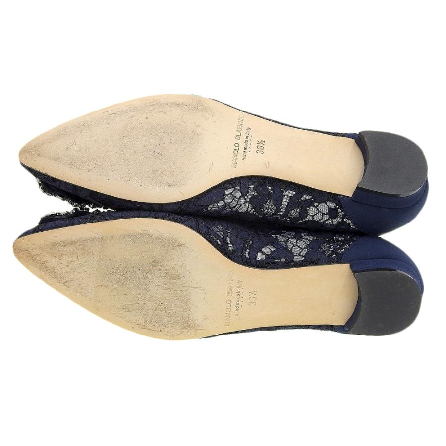 マノロブラニク　ハンギシ　レース　ネイビー　フラットシューズ　38 MANOLO BLAHNIK（マノロブラニク） 美品 ハンギシレース フラット