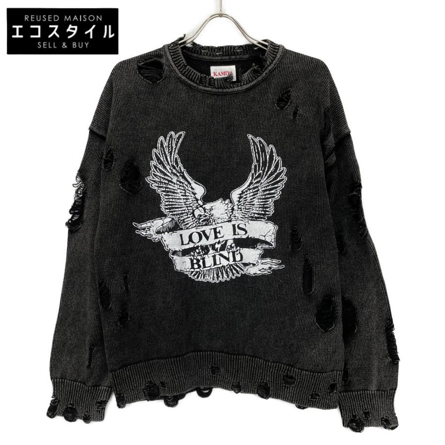 KAMIYA カミヤ 24AW ブラック ブリーチドプリント ニットプルオーバー 