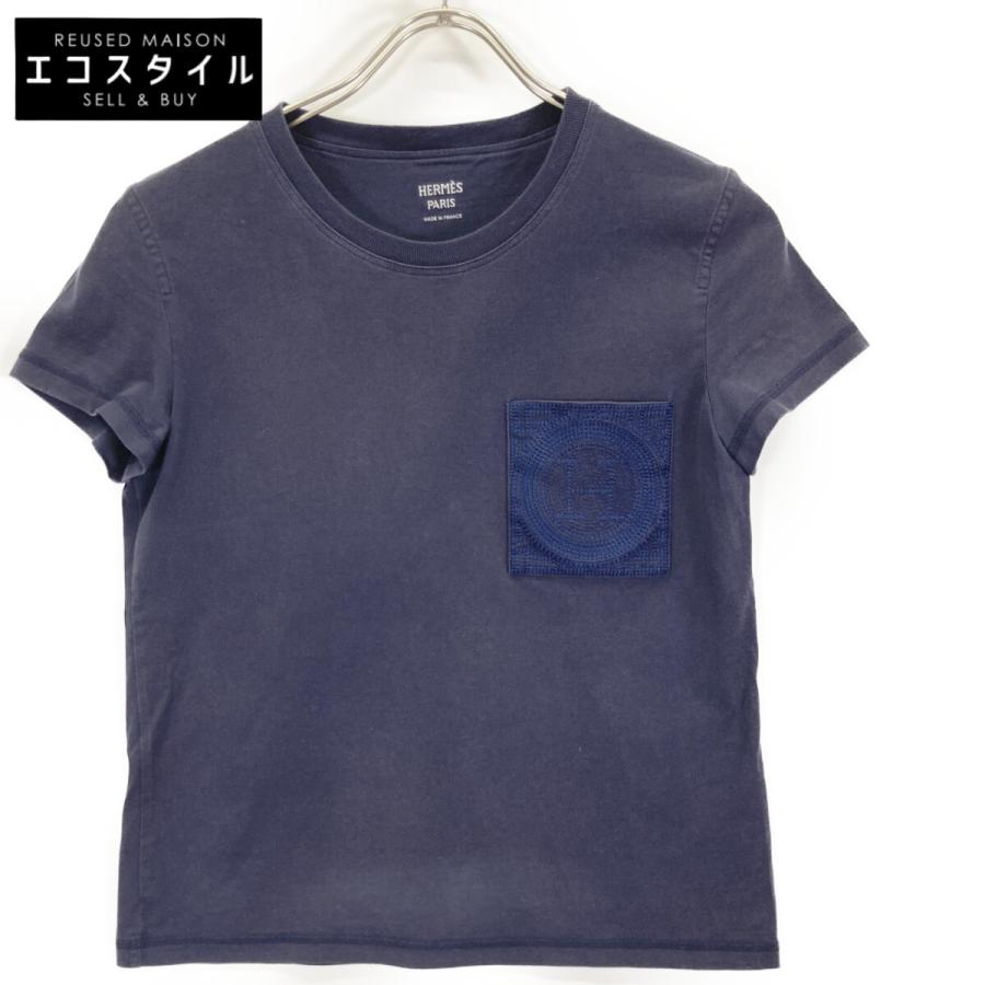 HERMES エルメス Hロゴ刺繍ポケット Tシャツ トップス 34 ネイビー