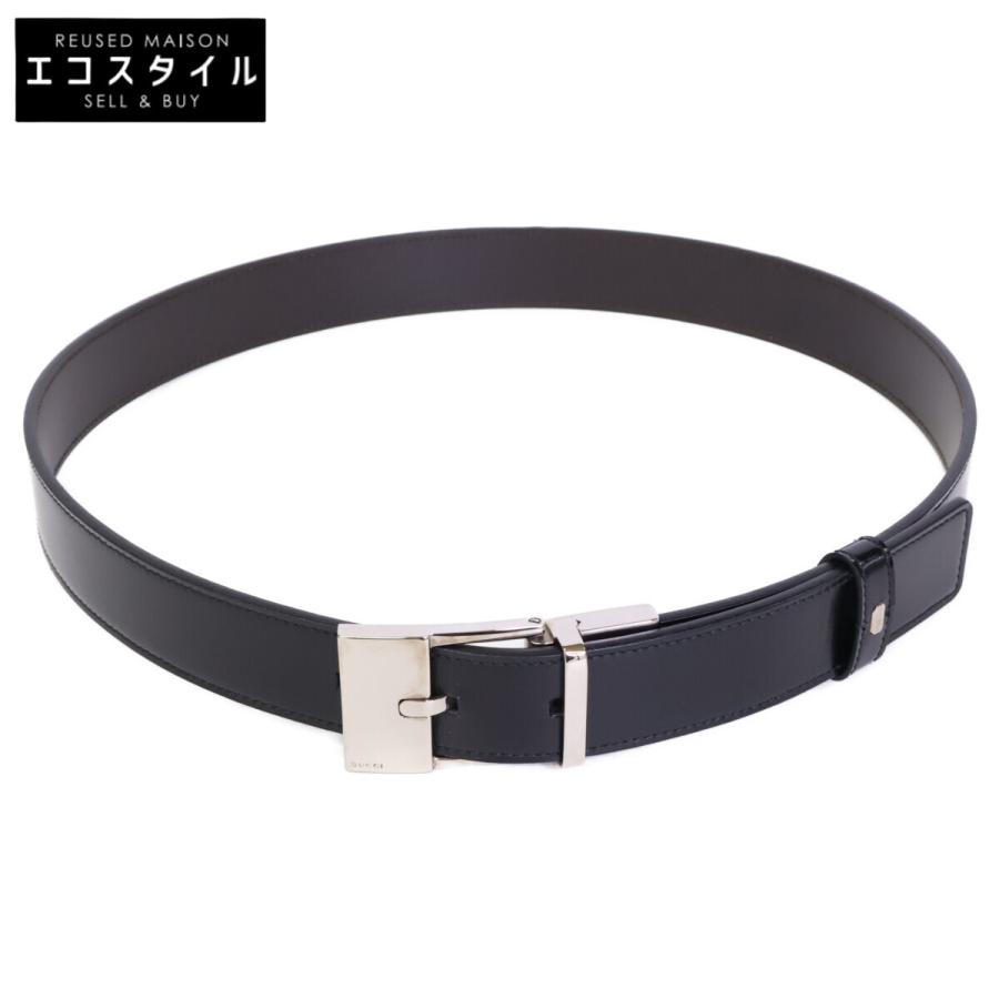 【美品】グッチ Gバックル ベルト シルバー ブラック イタリア製 レザー GUCCI（グッチ） 美品 スクエアバックル レザー ベルト シルバー