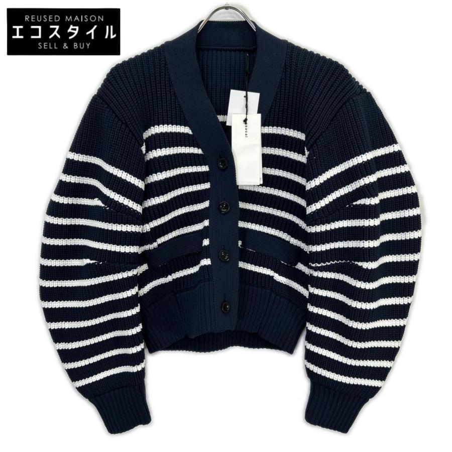 sacai サカイ  23-06490 ﾈｲﾋﾞｰ×ﾎﾜｲﾄ ﾎﾘｿﾞﾝﾀﾙ ｽﾄﾗｲﾌﾟ ｸﾛｯﾌﾟﾄﾞ ﾆｯﾄ ｶｰﾃﾞｨｶﾞﾝ 2 sacai（サカイ） 23-06490 ネイビー×ホワイト クロップド ニット