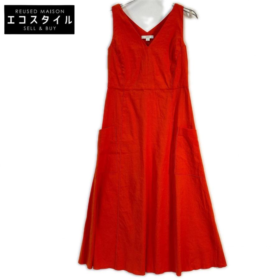 美品近年FOXEY40826 ノースリーブワンピース オレンジ 麻リネン VINCE（ヴィンス） V022051885 オレンジ ノースリーブ ワンピース