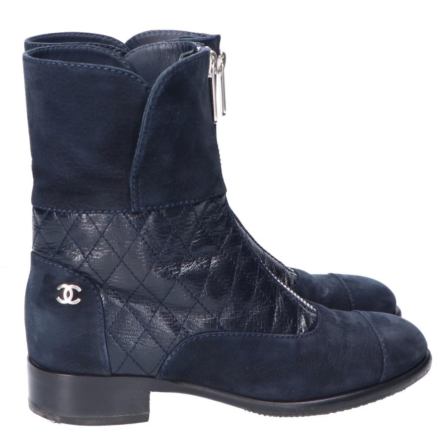 CHANEL ネイビー レザー ジッパーブーツ