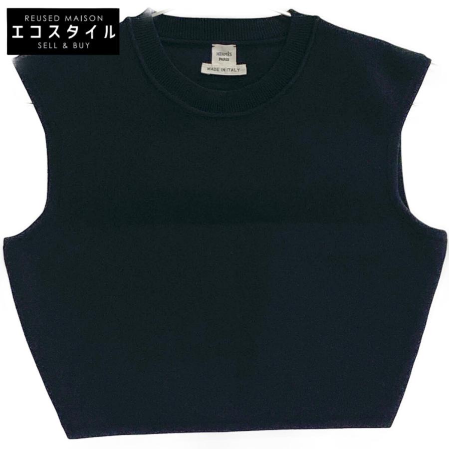 HERMES エルメス ブラック ショートシルク混ニット 34 トップス  