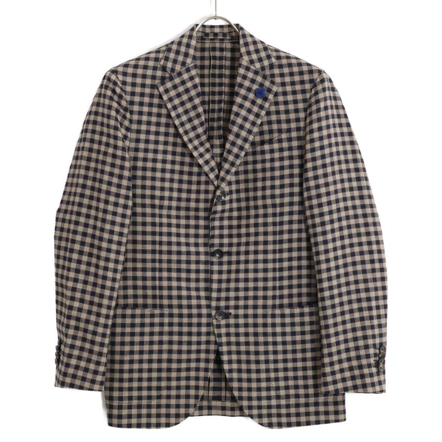 【美品】ラルディーニ リネン ブロックチェック ジャケット 44 ネイビー系 麻 LARDINI（ラルディーニ） ブラウン リネン ブロックチェック 3B