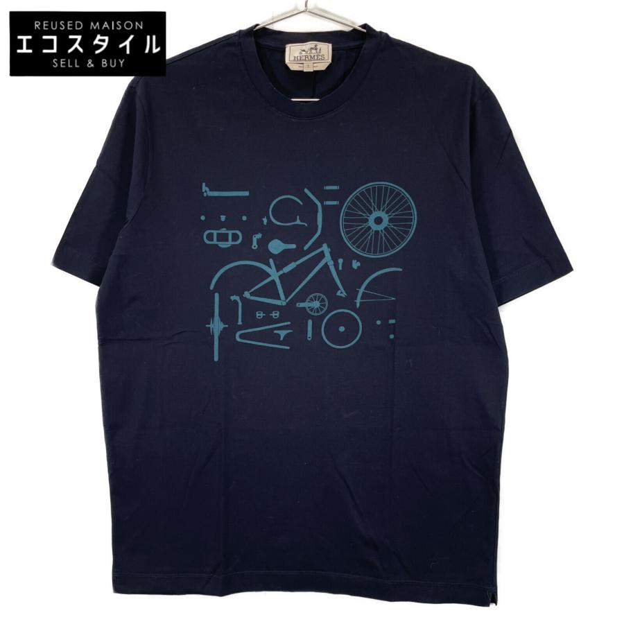 HERMES ネイビー レザープリント付き Tシャツ S HERMES ネイビー レザープリント付き Tシャツ S