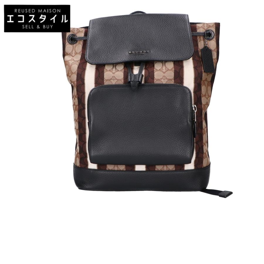 美品/ COACH コーチ C5295 シグネチャーストライプ キャンバスxレザー 