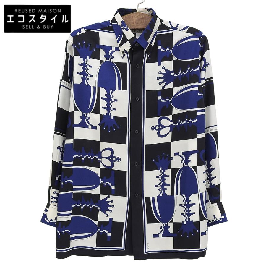 HERMES エルメス 総柄 シルクシャツ トップス メンズ ブルー 39