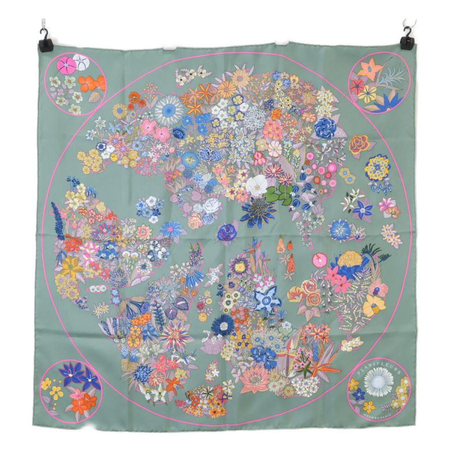 美品 HERMES エルメス 23AW プラニフルール シルク カレ90 スカーフ