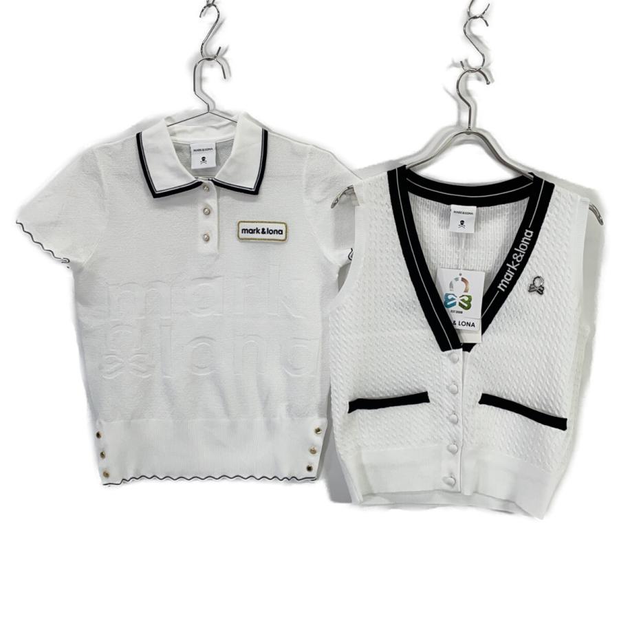 MARK&LONA マークアンドロナ MLW-6A-AB04 ホワイト ニットベスト ヘンリーネック シャツ ホワイト ブラック 38 トップス ポリエステル レディース 中古の画像