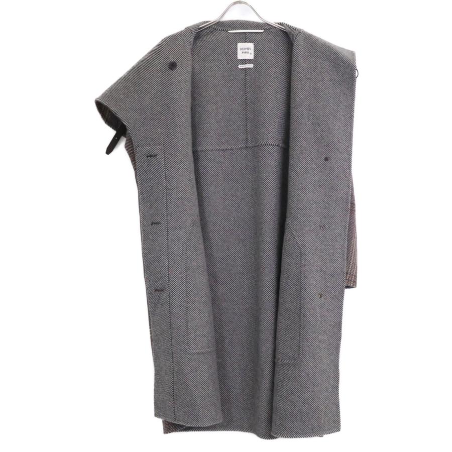 美品/国内正規 HERMES エルメス チェック カシミヤ100％ スタンドカラー  コート 36 ブラウンｘグレー レディースの画像