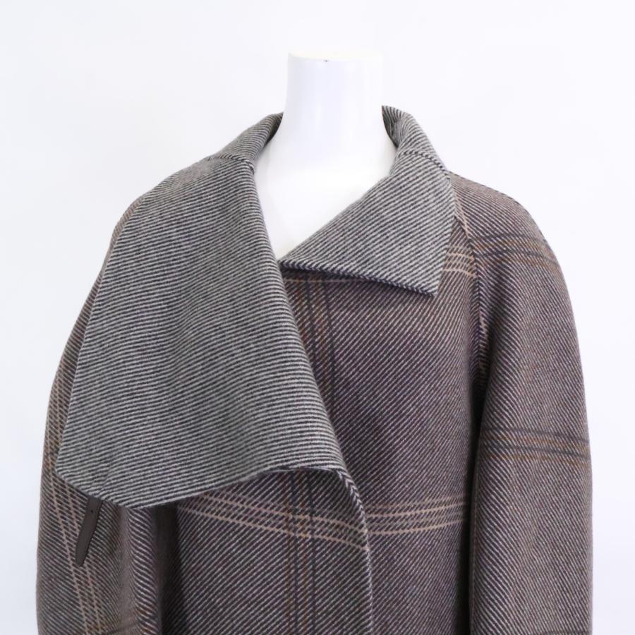 美品/国内正規 HERMES エルメス チェック カシミヤ100％ スタンドカラー  コート 36 ブラウンｘグレー レディースの画像