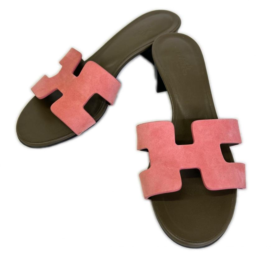 HERMES エルメス オアジス スエード サンダル 36 ピンク/カーキ