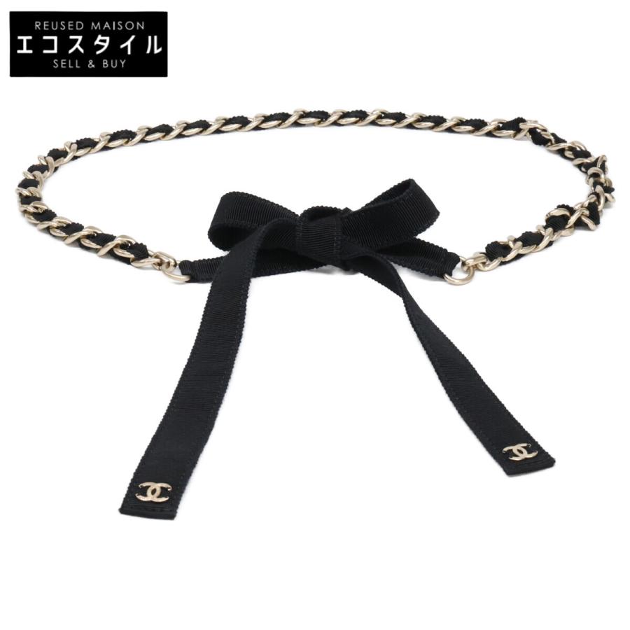た*や様 CHANEL シャネル ココマーク リボン チェーン ベルト ブラック CHANEL（シャネル） 美品 G20C ココマーク グログラン チェーン リボン