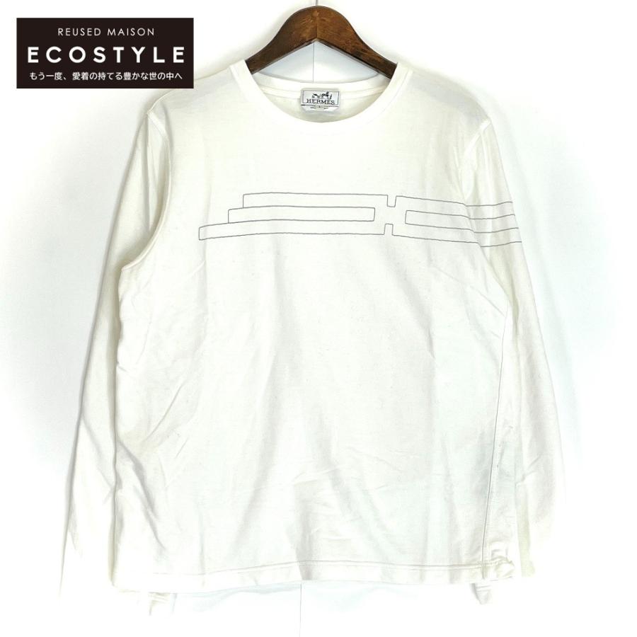 HERMESエルメス長袖tシヤツ　ホワイト　白 美品/国内正規 HERMES エルメス ステッチ クルーネック 長袖Tシャツ