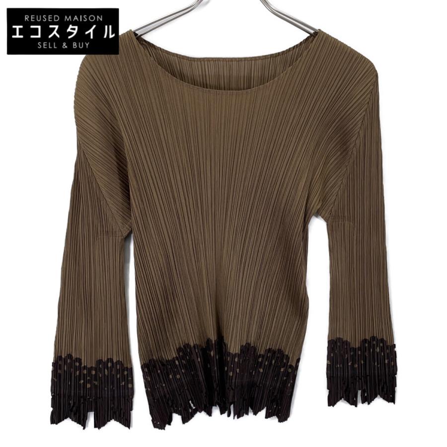 PLEATS PLEASE プリーツプリーズ  ﾌﾞﾗｳﾝ PP23-JK773 ﾚｰｽﾄﾞｯｷﾝｸﾞ ﾄｯﾌﾟｽ 3 PLEATS PLEASE プリーツプリーズ ブラウン PP23-JK773 レース
