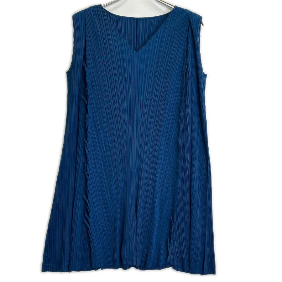 PLEATS PLEASE フリンジワンピース サイズ5 プリーツプリーズ フリンジカット Vネック プリーツワンピース ブルー