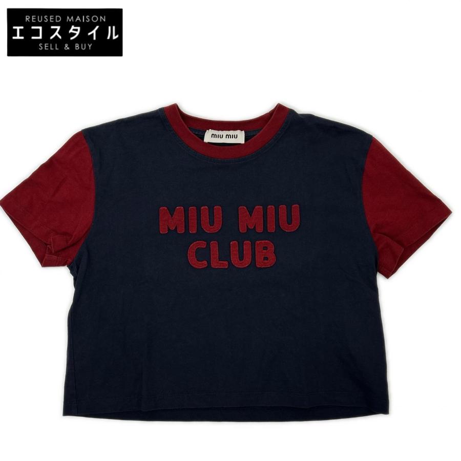 miu miu（ミュウミュウ） MJN421 ネイビー×レッド クロップド Tシャツ