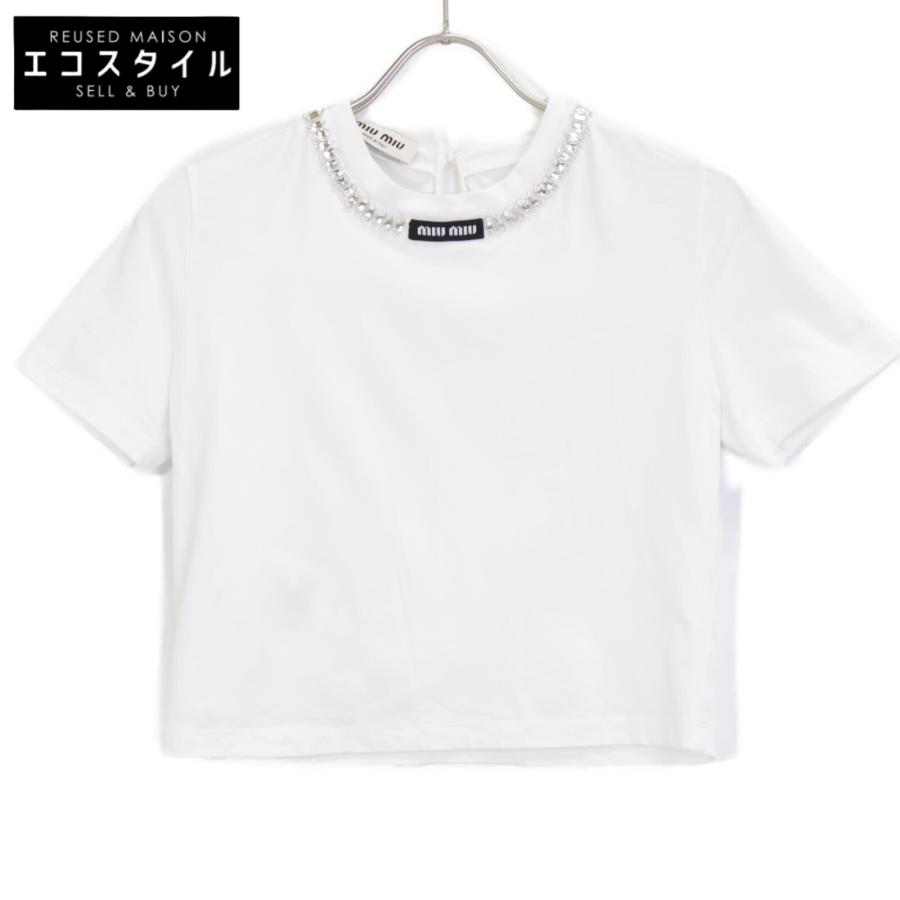 ミュウミュウ 22年製 MJN448 ﾋﾞｼﾞｭｰ付き 半袖ﾄｯﾌﾟｽ XS miu miu（ミュウミュウ） 22年製 MJN448 ビジュー付き 半袖トップス