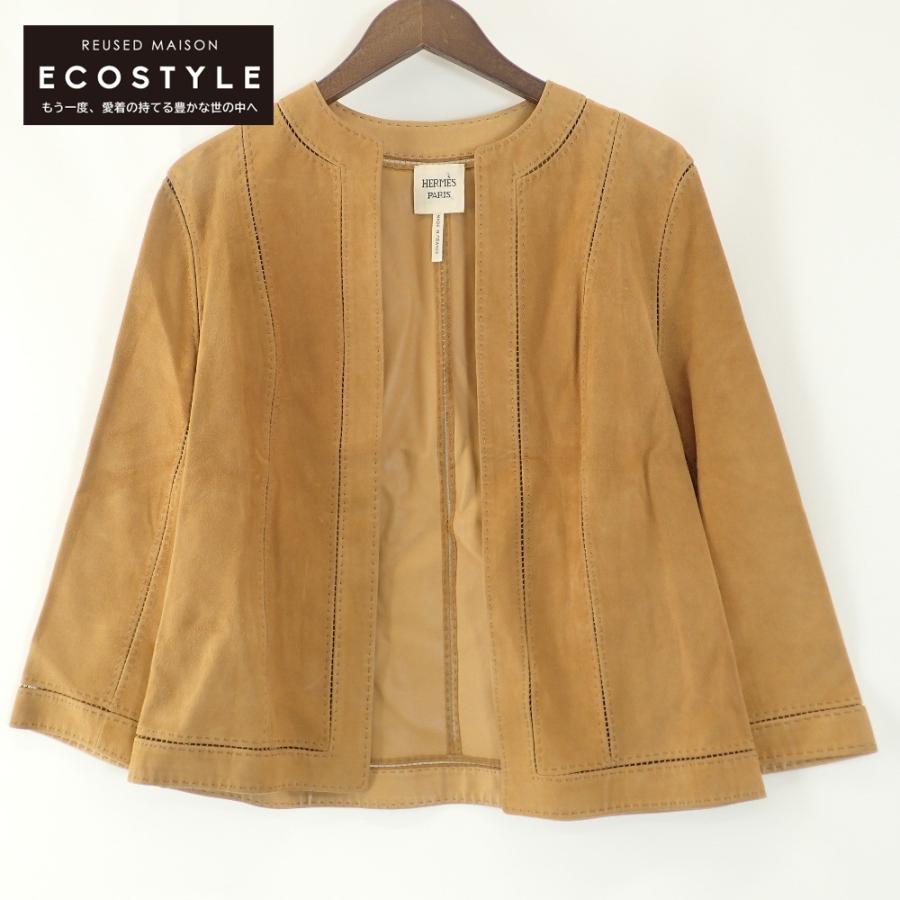 HERMES エルメス ベルト付 ラムレザー スエード ノーカラー ジャケット