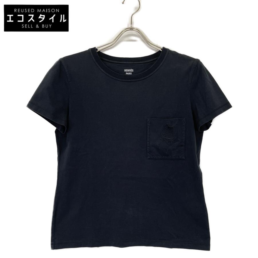 HERMES エルメス ブラック Tシャツ 38 トップス コットン レディース  
