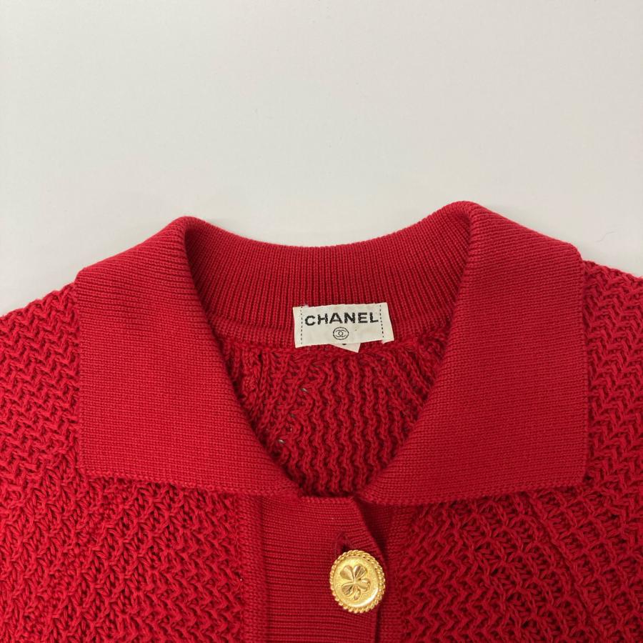 CHANEL ニットポロ CHANEL シャネル レッド スコットランド製 コットンニットポロ O
