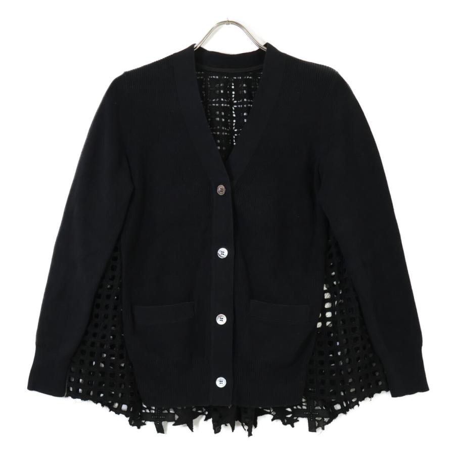サカイ 13AW レース切替ドッキングカーディガン ニット 長袖 2 M 黒 sacai（サカイ） レースドッキング ウール混パネルニットカーディガン