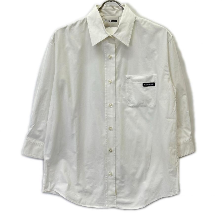 【新品未使用】ミュウミュウシアーロンTシャツ　ホワイトSサイズ miu miu（ミュウミュウ） DNA067 ホワイト ロゴシャツ ホワイト 40