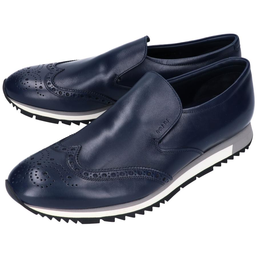 新品同様 Prada プラダ 2de104 レザーブローグスリッポン スニーカー 9 ネイビー メンズ ブランドショップエコスタイル 通販 Yahoo ショッピング