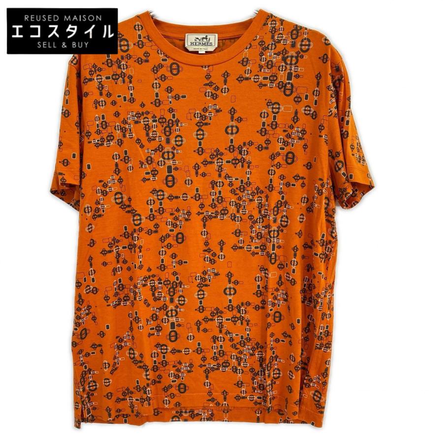 HERMES エルメス オレンジ シェーヌダンクル柄 コットン Tシャツ XL HERMES エルメス オレンジ シェーヌダンクル柄 コットン Tシャツ XL
