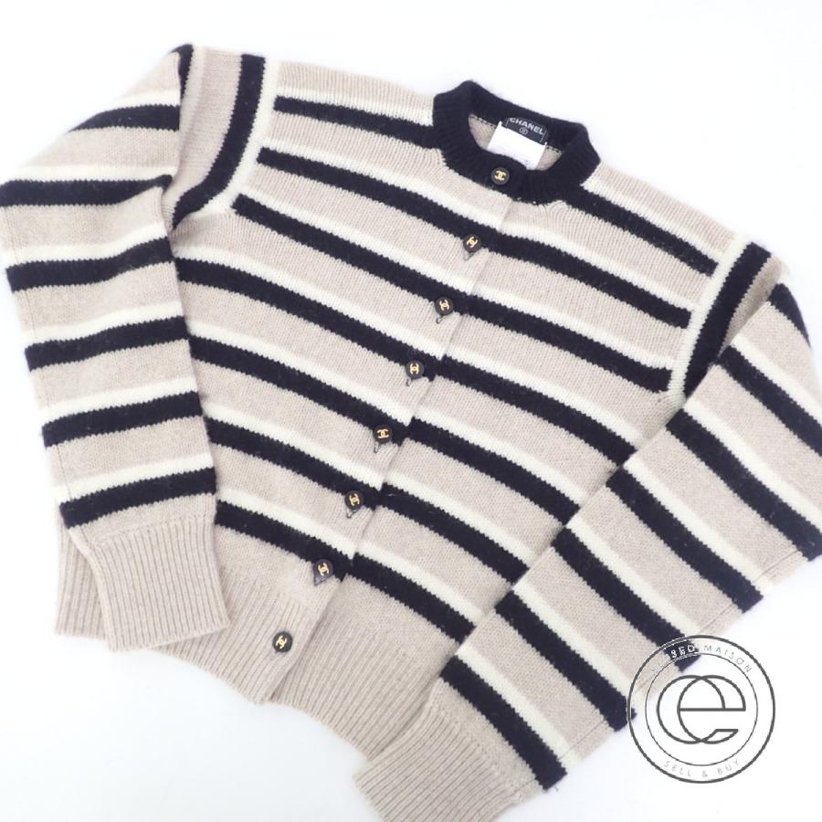 Chanelシャネル 96a Po80v ボーダー カシミヤ100 Ccマークボタン ショート丈ニットカーディガン40 レディース ブランドショップエコスタイル 通販 Yahoo ショッピング