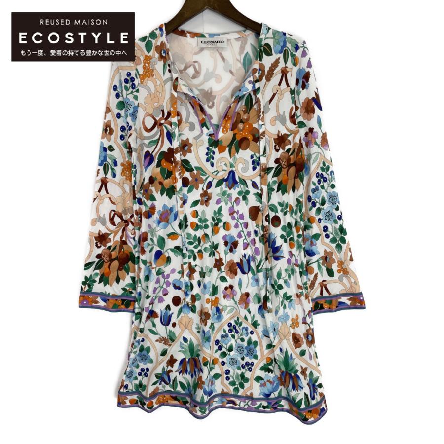 美品/ LEONARD レオナール 0470907 フラワー総柄 ベルスリーブ  