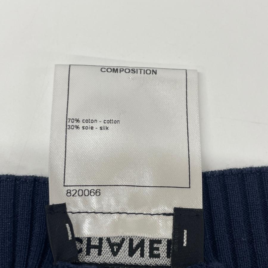 シャネル ニット カットソー 半袖 タートルネック ステッチ 絹 38 M 紺 CHANEL（シャネル） ネイビー×ホワイト P53627 半袖ニットカットソー