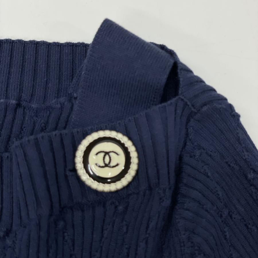 CHANEL（シャネル） ネイビー×ホワイト P53627 半袖ニットカットソー