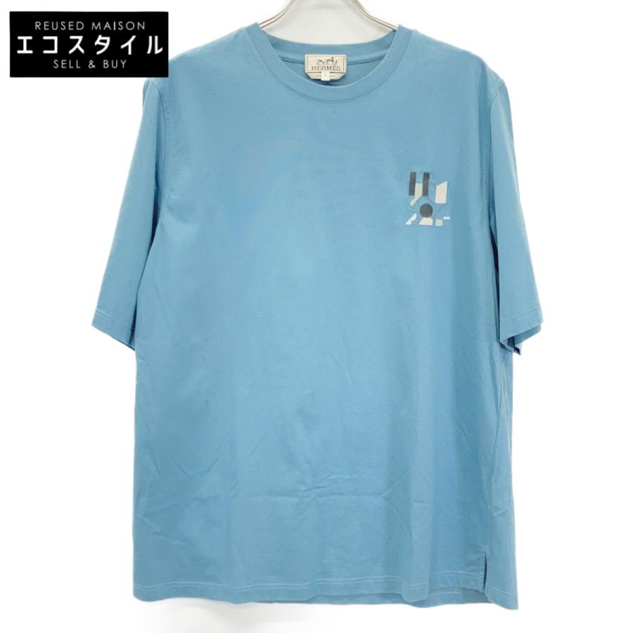 HERMES（エルメス） ブルー 胸元刺繍 半袖Tシャツ ブルー L トップス