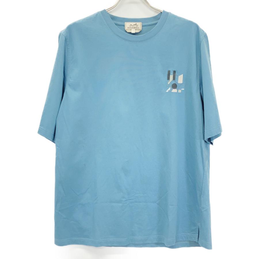 HERMES エルメス Tシャツ 刺繍 ブルー HERMES（エルメス） ブルー 胸元刺繍 半袖Tシャツ ブルー L トップス