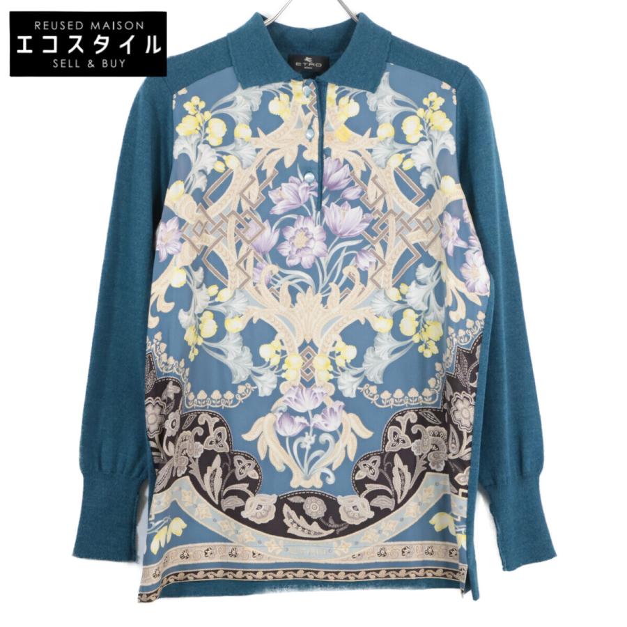エトロ ﾌﾞﾙｰ ｳｰﾙ×ｼﾙｸ 花柄ﾌﾟﾘﾝﾄ 長袖ﾆｯﾄ 40 ETRO（エトロ） ブルー ウール×シルク 花柄プリント 長袖ニット ブルー