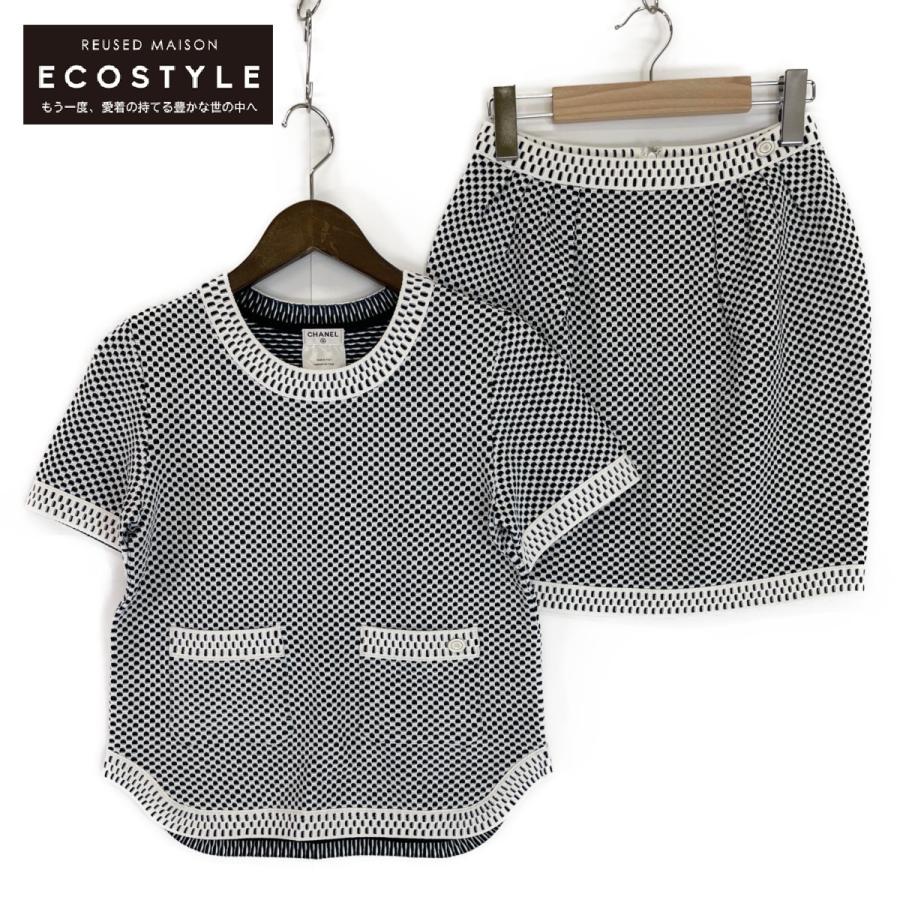 CHANEL シャネル P47955 P47956 ニットストレッチ 半袖トップス スカート 34 36 ホワイト ネイビー セットアップ CHANEL（シャネル） 美品/国内正規 P47955/P47956 ニットストレッチ