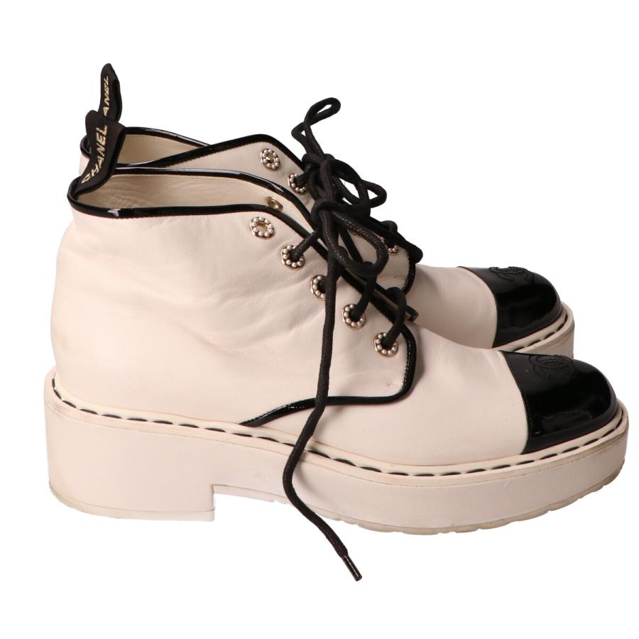 △CHANEL/シャネル レザーオーブントゥブーツ フェイクパール ヒール