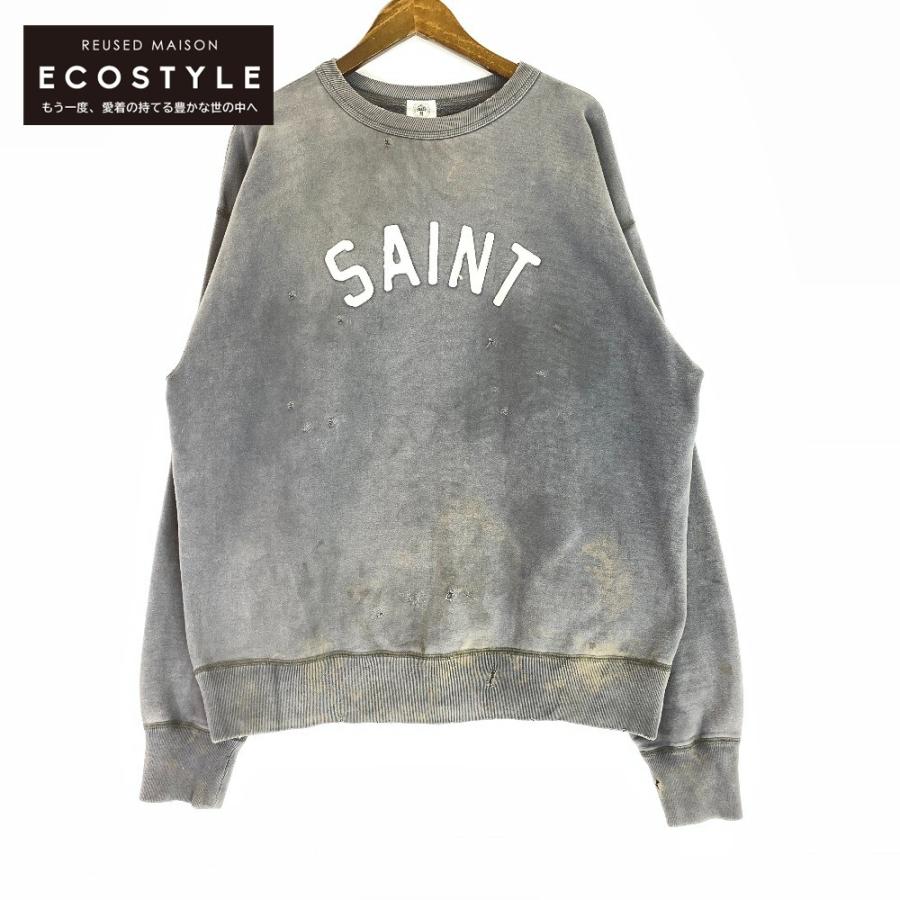 SAINT MICHAEL セントマイケル 21S ネイビー USED加工 アーチロゴ トレーナー グレー XL トップス コットン