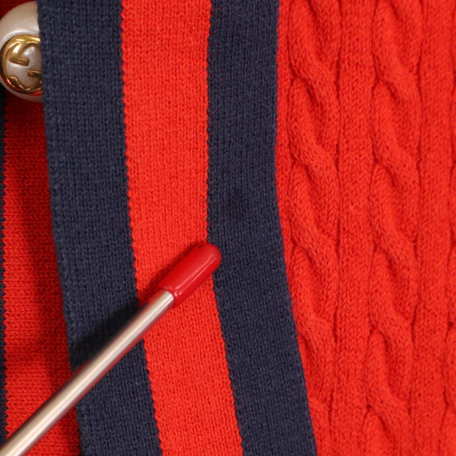 GUCCI グッチ カーディガン ケーブルニット シェリー リボン GGボタン 2017年モデル フェイクパール 服 M 469929 レッド 赤 ネイビー 紺 コットン  ポリエステル   レディース 人気 美品【中古品】 1754368390.jpg?1684724423