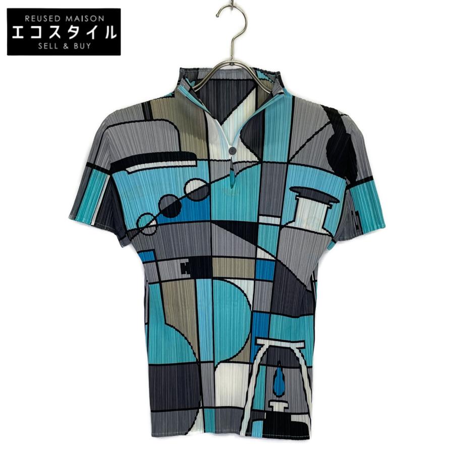 PLEATS PLEASEターコイズブルーとブラックの半袖トップス PLEATS PLEASEターコイズブルーとブラックの半袖トップス