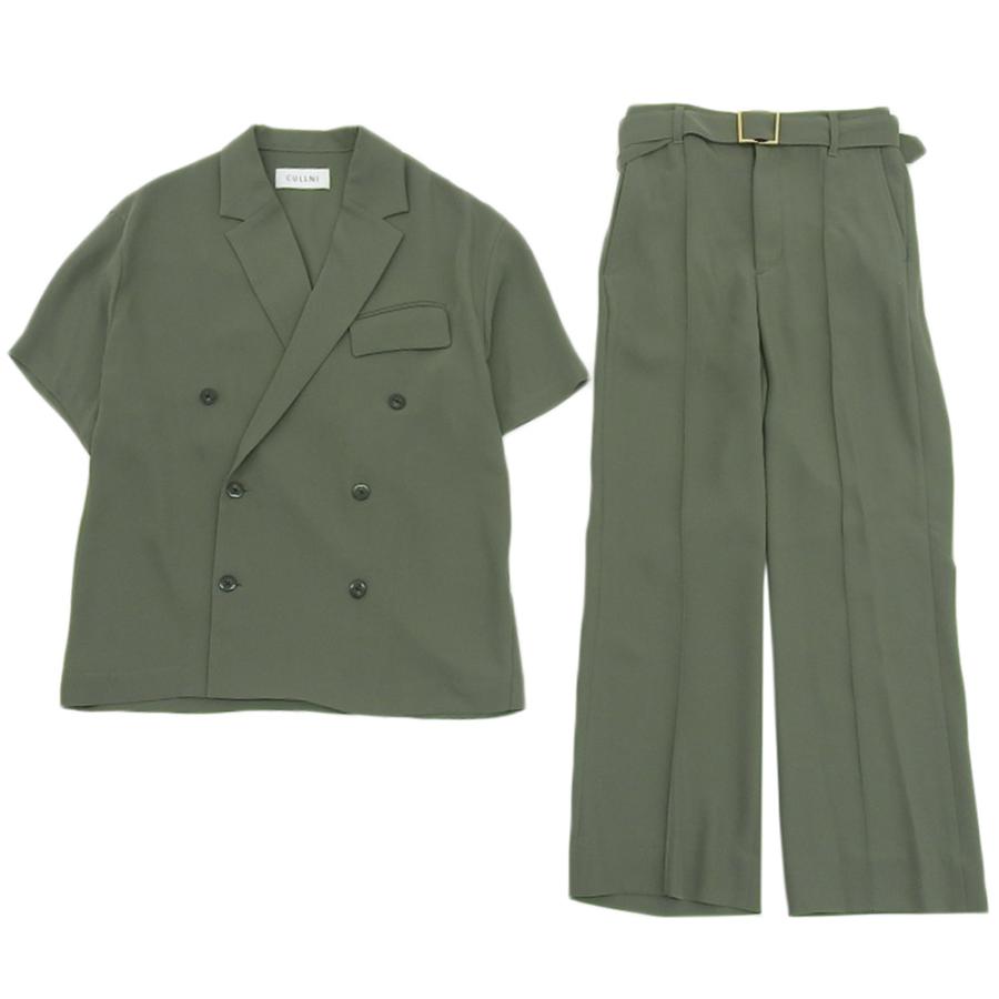 【人気デザイン】CULLNI☆定番セットアップ グリーン サテン L-XL相当 美品 CULLNI クルニ 半袖 ジャケット パンツ セットアップ メンズ