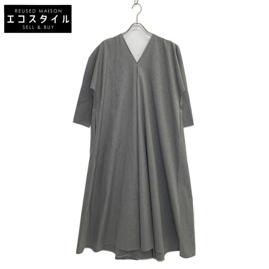 ATON エイトン グレー コットン Vネック ドレープワンピース O1