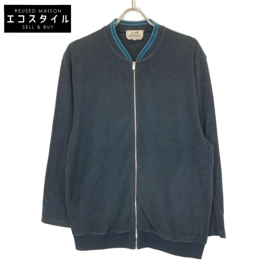 HERMES エルメス ネイビー パイル地 ジップアップジャケット XL