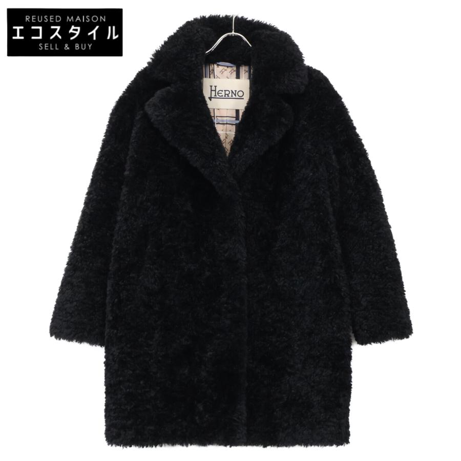 HERNO ヘルノ CA000500D ブラック CURLY FAUX FUR OVERSIZE FIT シングルファーコート 40 コート ...