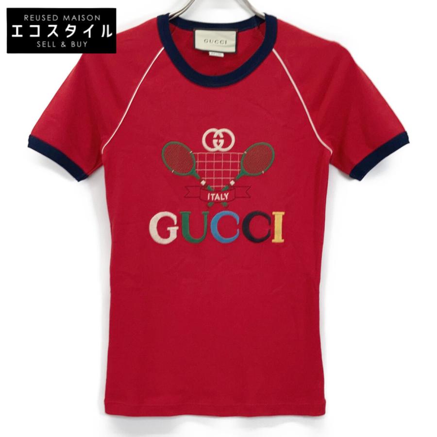 グッチ 574386 ﾚｯﾄﾞ ﾃﾆｽ ｺｯﾄﾝｼﾞｬｰｼﾞｰTｼｬﾂ S GUCCI（グッチ） 574386 レッド テニス コットンジャージーTシャツ